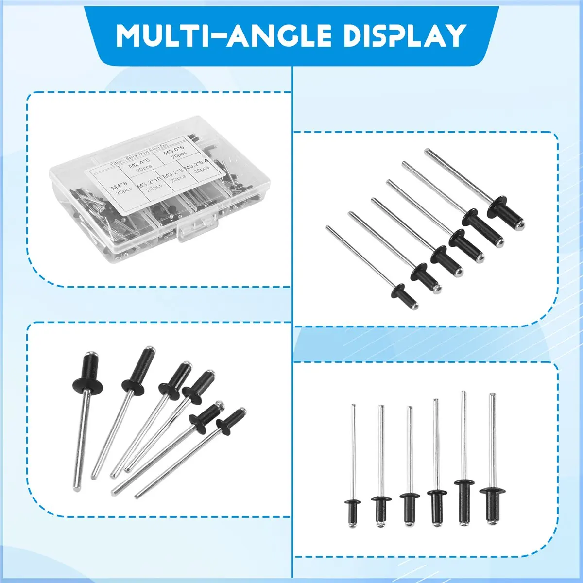 *A* 120Pcs/Set M2.4 M3.0 M3.2 Black Aluminium Blind Rivets Nail Decoration Rivets For Furniture Assortment Kit Hw078