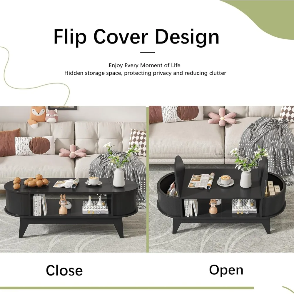 Mesa de centro con 2 almacenamientos ocultos, mesa de centro moderna de mediados de siglo con acabado estriado, mesas centrales de madera mesas de centro ovaladas con