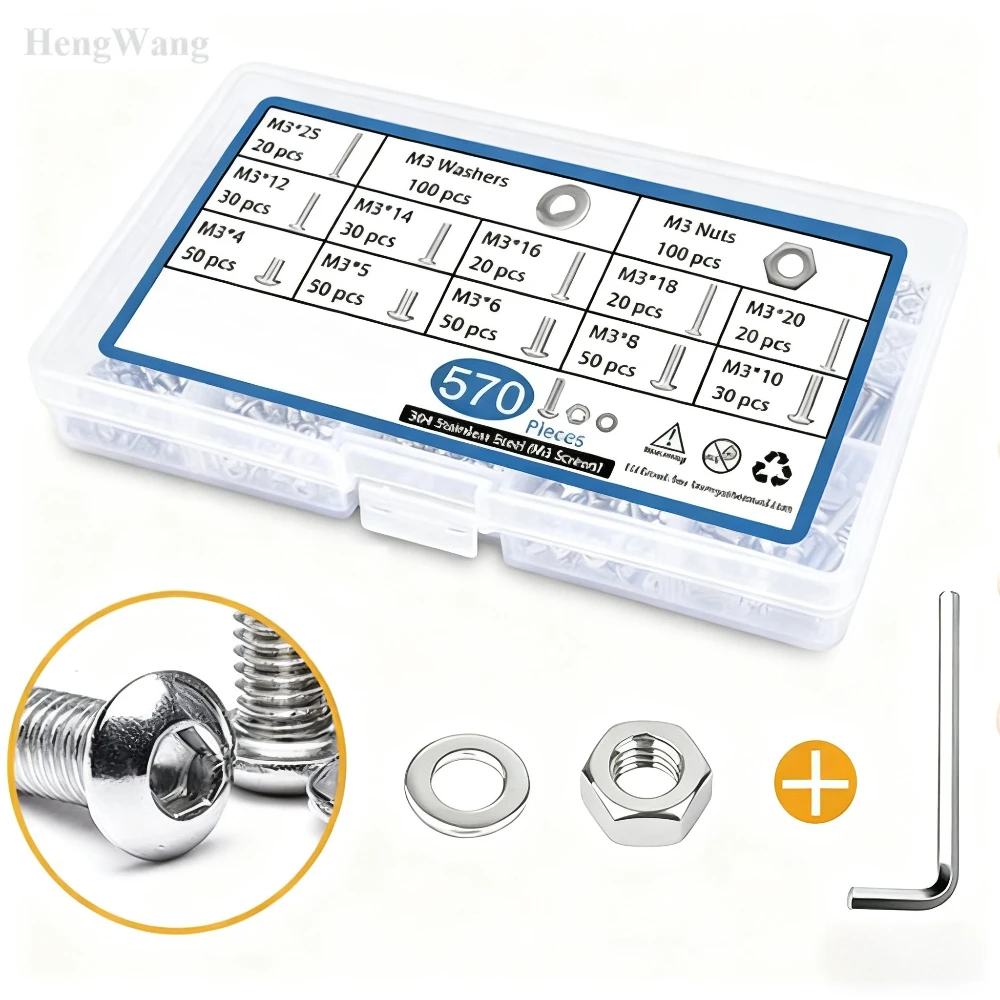 

570Pcs M3 Screw Set, M3x5-16mm Hex Pan Head & Button Head Screws Bolt Nut Assortment, Stainless Steel
