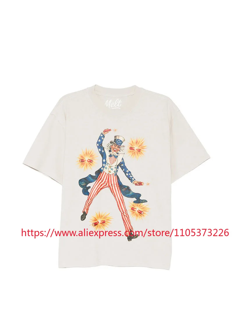 2026 New Melt Firecracker Print T-Shirt Casual Washed Cotton Crew Neck Short Sleeve Top for Men and Women