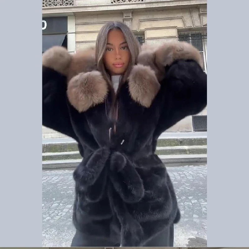 معطف نسائي أنيق فاخر من الفرو الصناعي مقاس كبير للخريف والشتاء بسيط من القطيفة الناعمة السميكة الدافئة سترة جديدة متعددة الاستخدامات ملابس الخصر المقسى #2