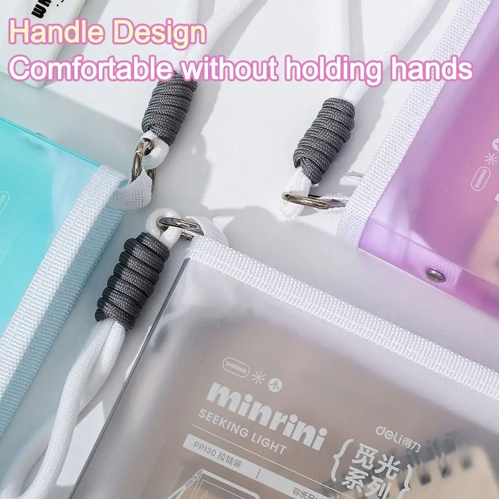 Portable Transparent A4 Zipper File Bag with Lanyard Large Capacity File Folder Bags Storage Bag Office School Supplies