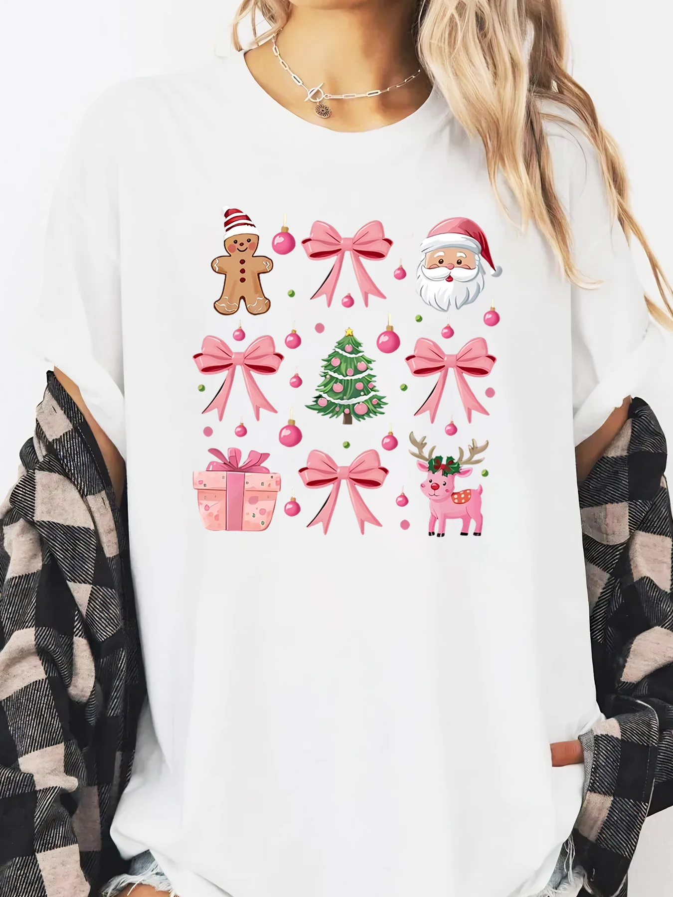 عيد الميلاد الزنجبيل سانتا شجرة الرنة هدية القوس تي شيرت مطبوع عطلة المرأة لباس غير رسمي أبيض حجم كبير