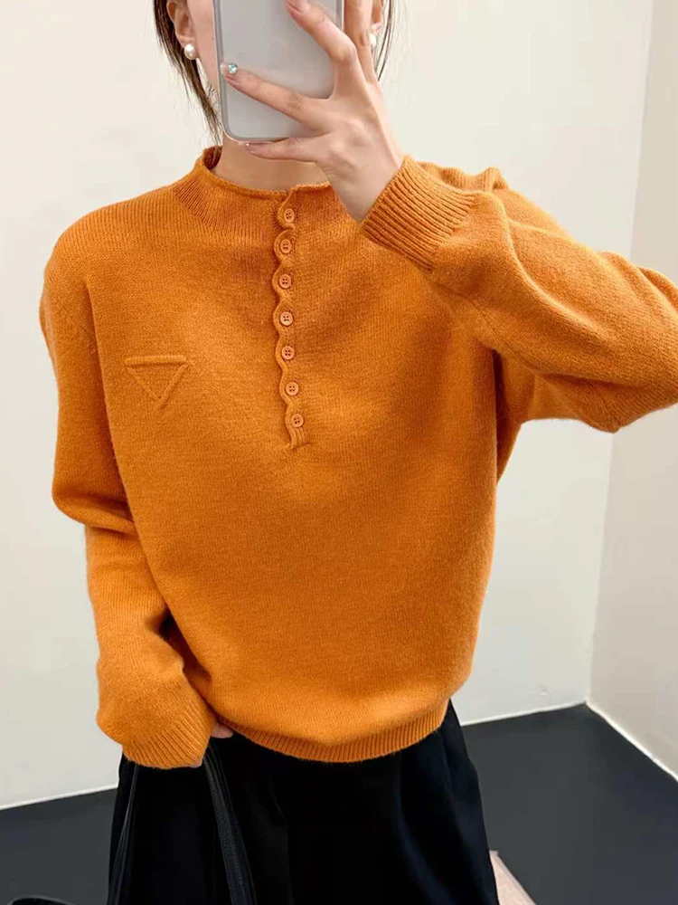 

New Women Fine Wool Sweater Autumn Winter Mock Collar Half Open Pullover Bottoming Clothing Casual Warm Knitting Top