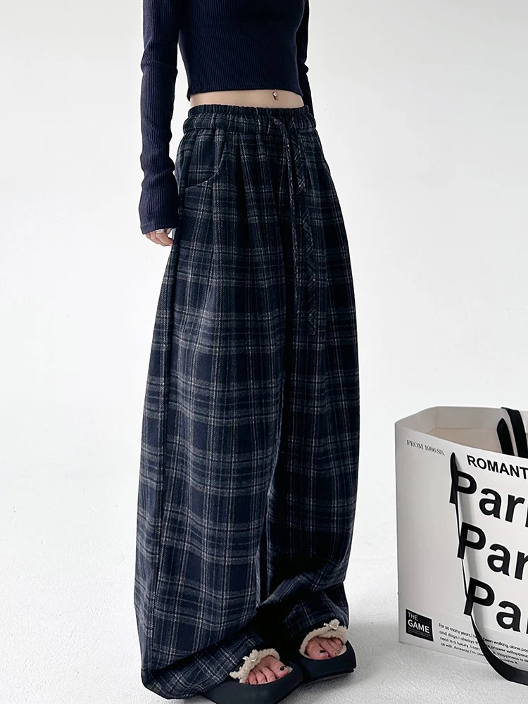 

Off Lazy Sle Vintage Plaid Loose Women's Casual Pants Autumn Winter Wide Leg Long Trousers High Waist Polyester Silk