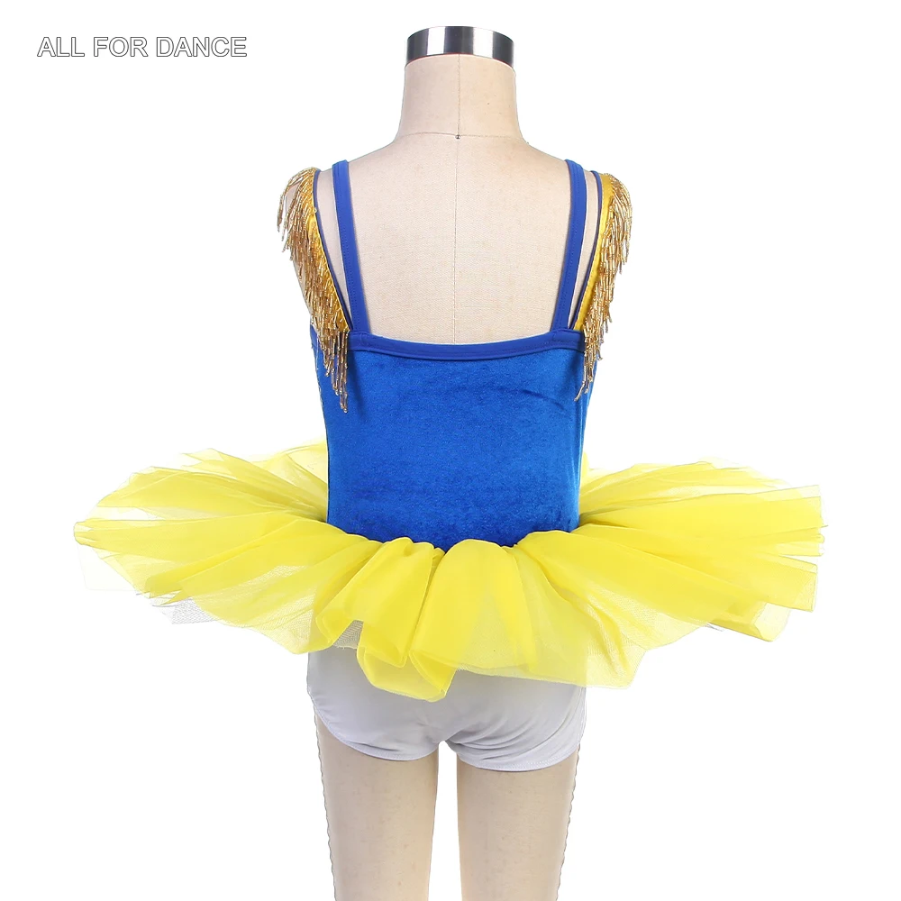 ชุดกระโปรงบัลเลต์สำหรับการแสดงบนเวที รุ่น All For Dance ปี 19839 สำหรับเด็กผู้หญิง สีน้ำเงินรอยัลกำมะหยี่ แต่งขอบทอง กระโปรงบัลเลต์สีเหลือง