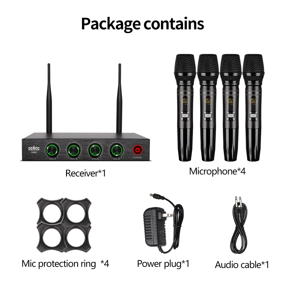 DGNOG 4 Channel Wireless Microphone System Home Karaok PA Speaker Singing Party TV Professional UHF Handheld Dynamic Mic U6080