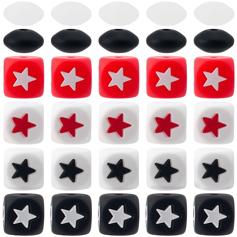70PCS Star Beads Kit Cube Square Rondelle Rubber Soft Black White Red Rubber Soft Spacer Loose Bead Charm Bulk
