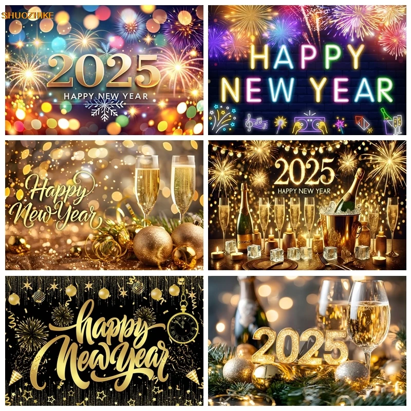 

2025 Happy New Year Backdrop Firework Glitter Gold Beer Champagne Clock New Year's Eve Party Decor Photography Background Props