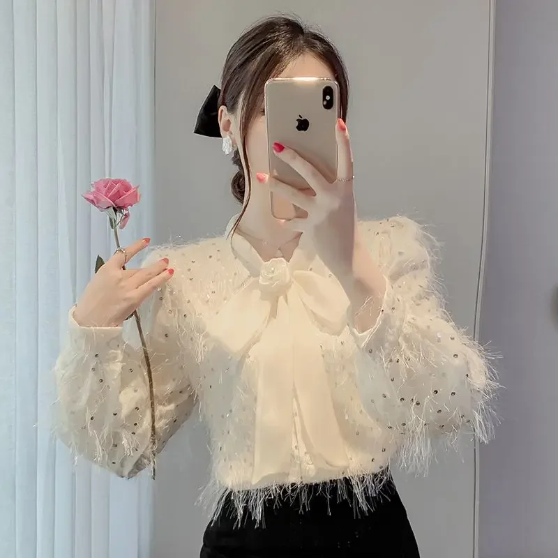 Nowa Xiaoxiang Fengliu Su Liang Pian Koronkowa Bluzka Damska z Długim Rękawem, Wewnętrzna Kokarda, Szyfonowa Koszula