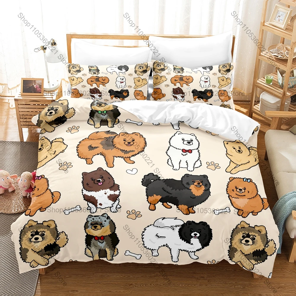 Kawaii Pomeranian Puppy Bedding Set 3 Piece Pet Dog Pattern Duvet Cover Set Single Twin Full Queen King Size Home Decor
