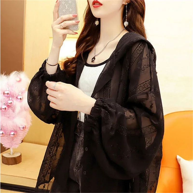 Summer Ice Silk Sunscreen Coat Fashion Women Sun Protection Clothing 2024 New Hooded Lace Breathable Casual Thin Summer Jacket