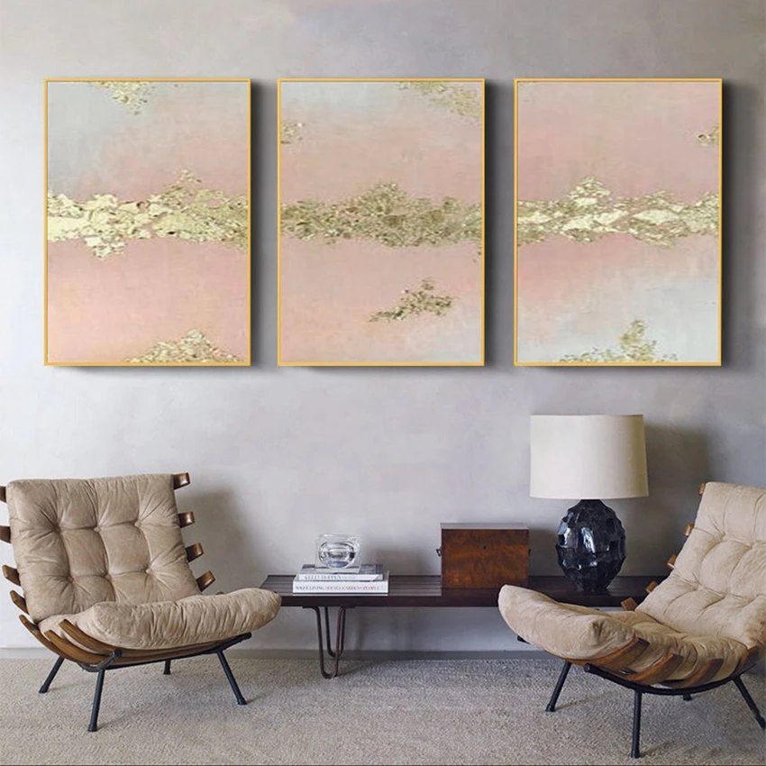 

Handmade Oil Painting 3-Piece Pink Hanging Poster Nordic Hall Sofa Decor Art Image Wall Drawning Modern Abstract Gold Foil Mural