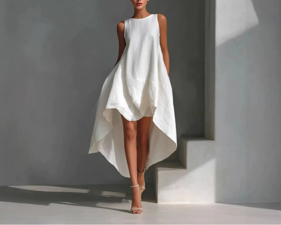 

Women's Dress Summer New Elegant Casual Fashion Style Solid Color Round Neck Loose Irregular Design Skirt Sleeveless Dress