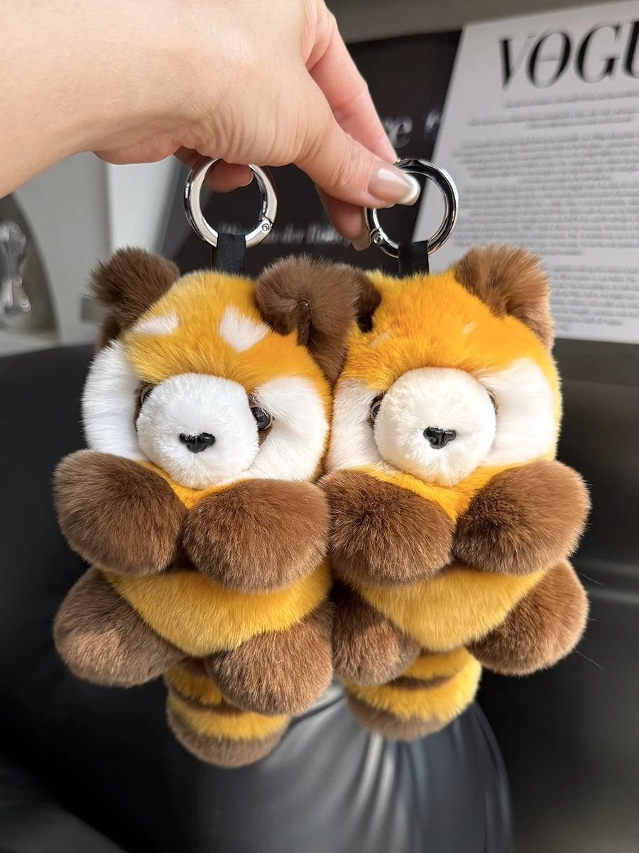 New Real Rex Rabbit Fur Cute Raccoon Doll Keychain Pendant Toys Keyring Charm Ornament Pompom Plush Lesser Panda Jewelry Gifts