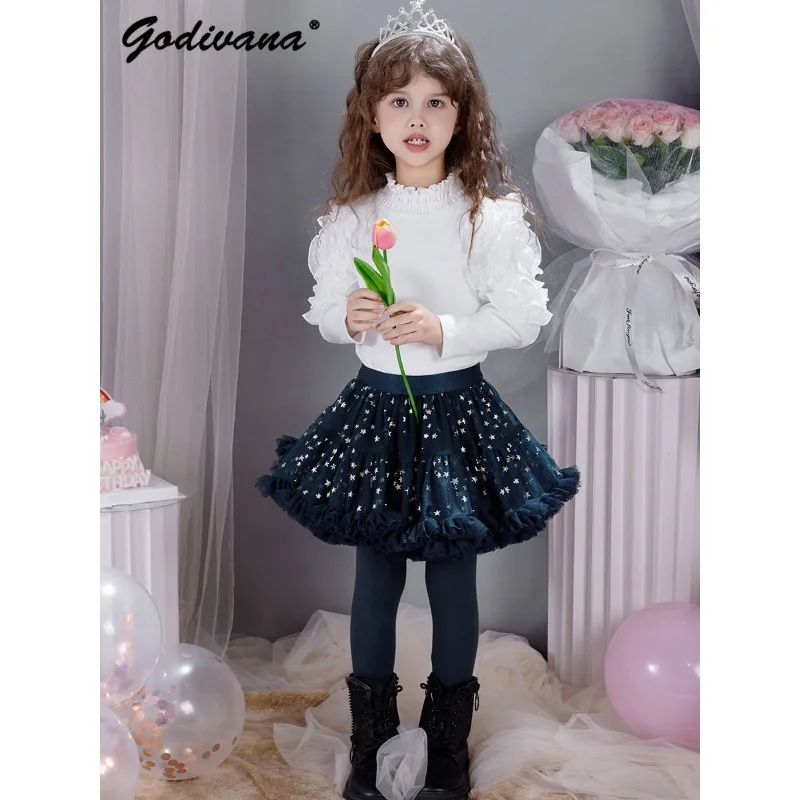 Little Girls Velvet Leggings Autumn and Winter Fake Two-piece Star Sequin TUTU Skirt Cute Elastic Waist Princess Skirt Pants
