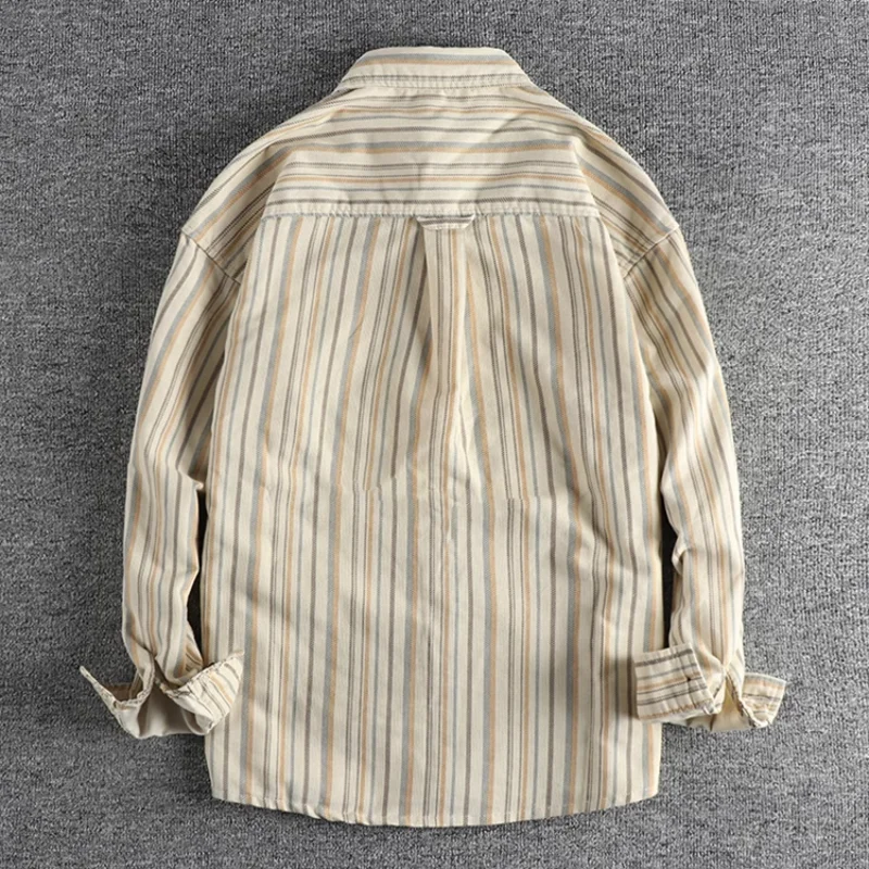 Vintage Woven Stripe Material Leisurely Men\'s Shirt Autumn Daily Street-style Versatile Young Loose Shirt Coat