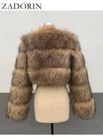 Cropped Faux Fur Coat 12 ZADORIN High Quality Cropped Faux Raccoon Fur Coat Woman Winter Fashion O Neck Long Sleeve Fluffy Short Faux Fur Jacket Crop Top 6