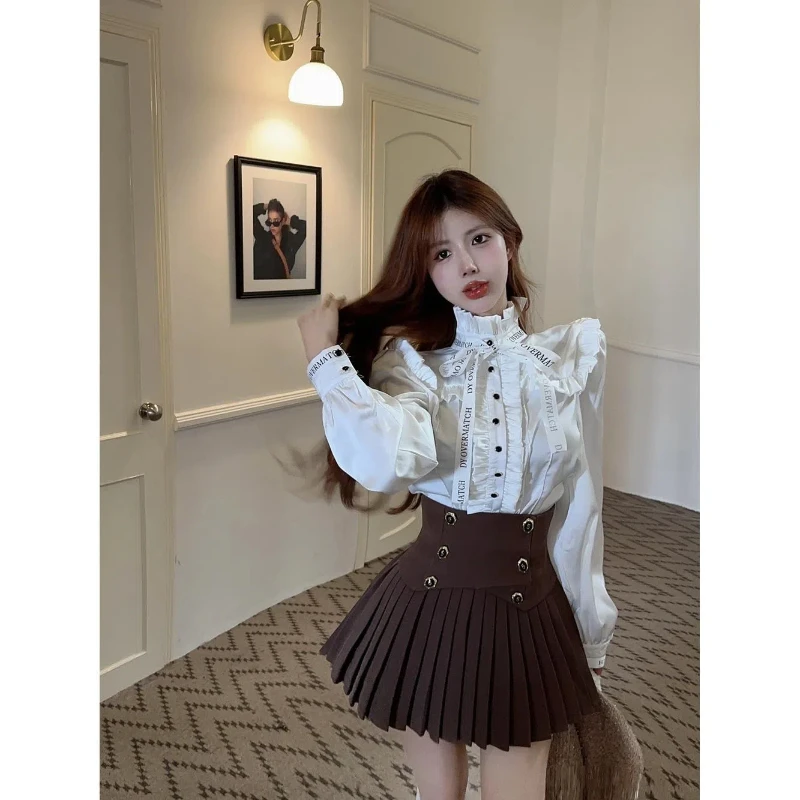 Spring Autumn New Printing Letter Patchwork Elegant Blouse Long Sleeve Solid Youth Pleated Temperament Shirt Tops Korean Fashion