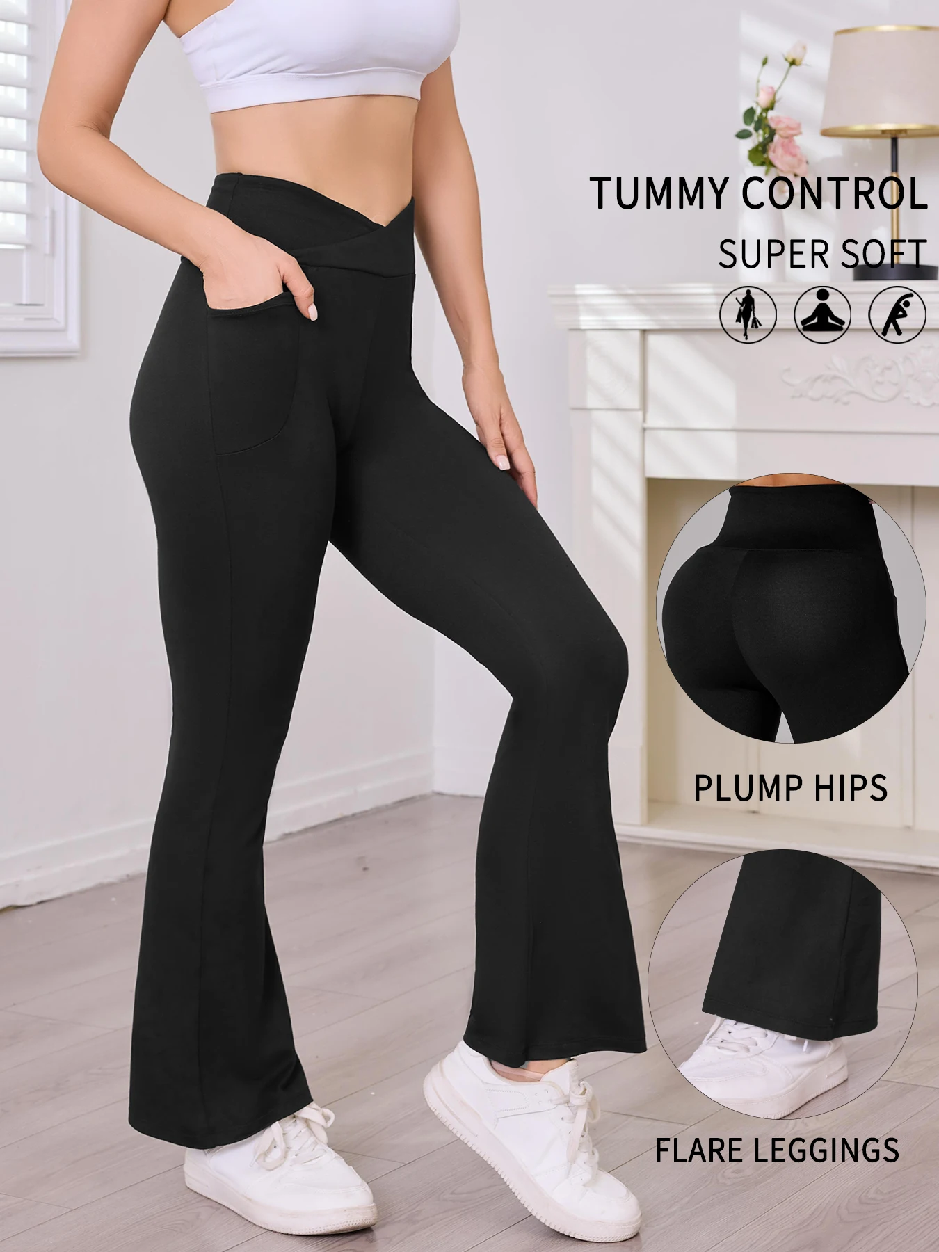 Womens Super Soft Crossover High Waisted Flare Leggings with Pockets Tummy Control Yoga Pants