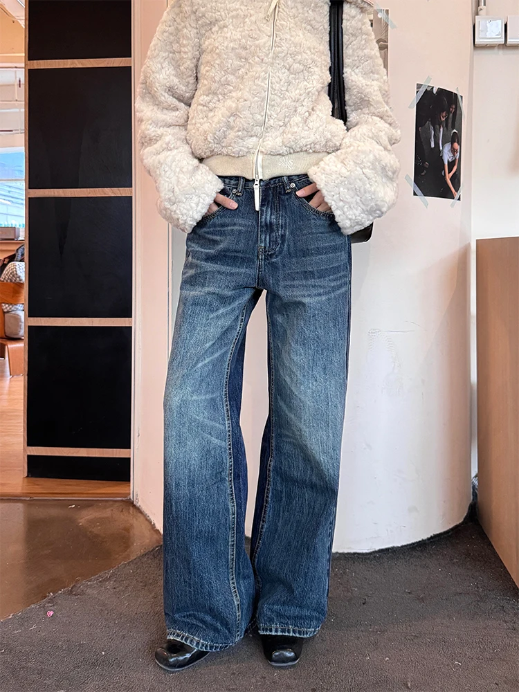 

URKR прямые синие джинсы с высокой талией, женские повседневные джинсовые брюки с талией, утягивающие модные драпированные универсальные хлопковые брюки на молнии