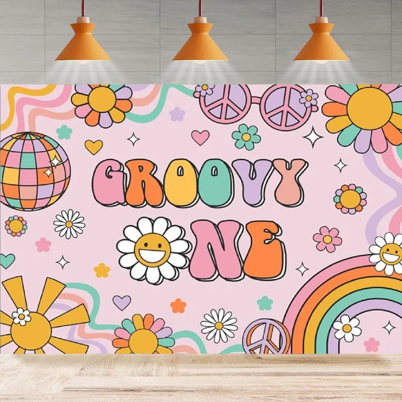 Photography Background Boho Rainbow Daisy Girls Groovy One 1st Birthday 60's 70's Hippie Peace And Love Home Party Backdrop Wall