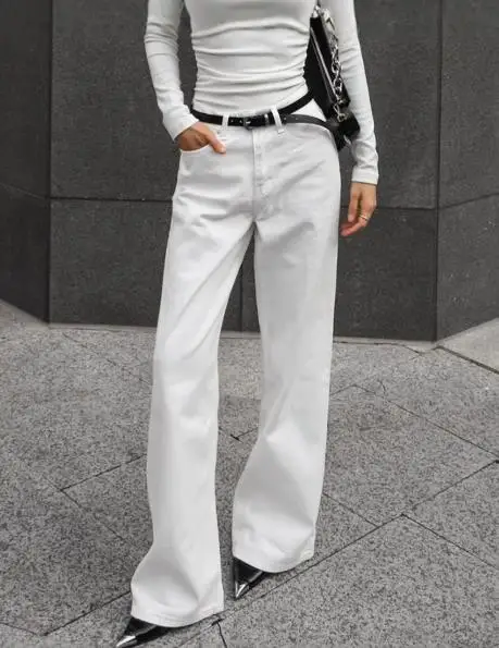 

High Street White Straight Leg Versatile Floor To Ceiling Casual Pants for Women, Solid Color High Waisted Straight Leg Pants