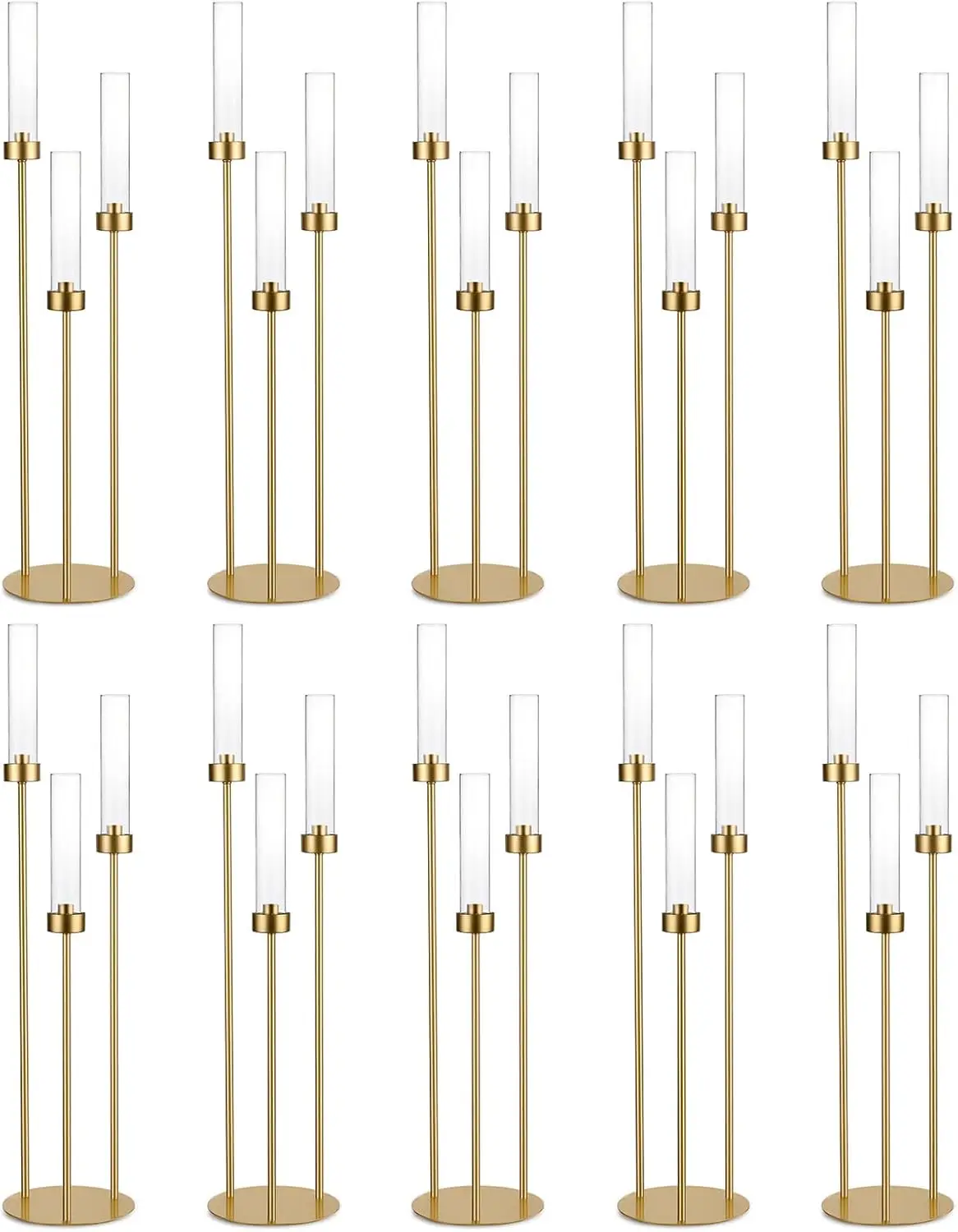 10pcs 3 Arm Gold Candelabra Taper Candle Holder Centerpieces for Table 34in Tall Metal Candlestick Holder for Wedding Decor