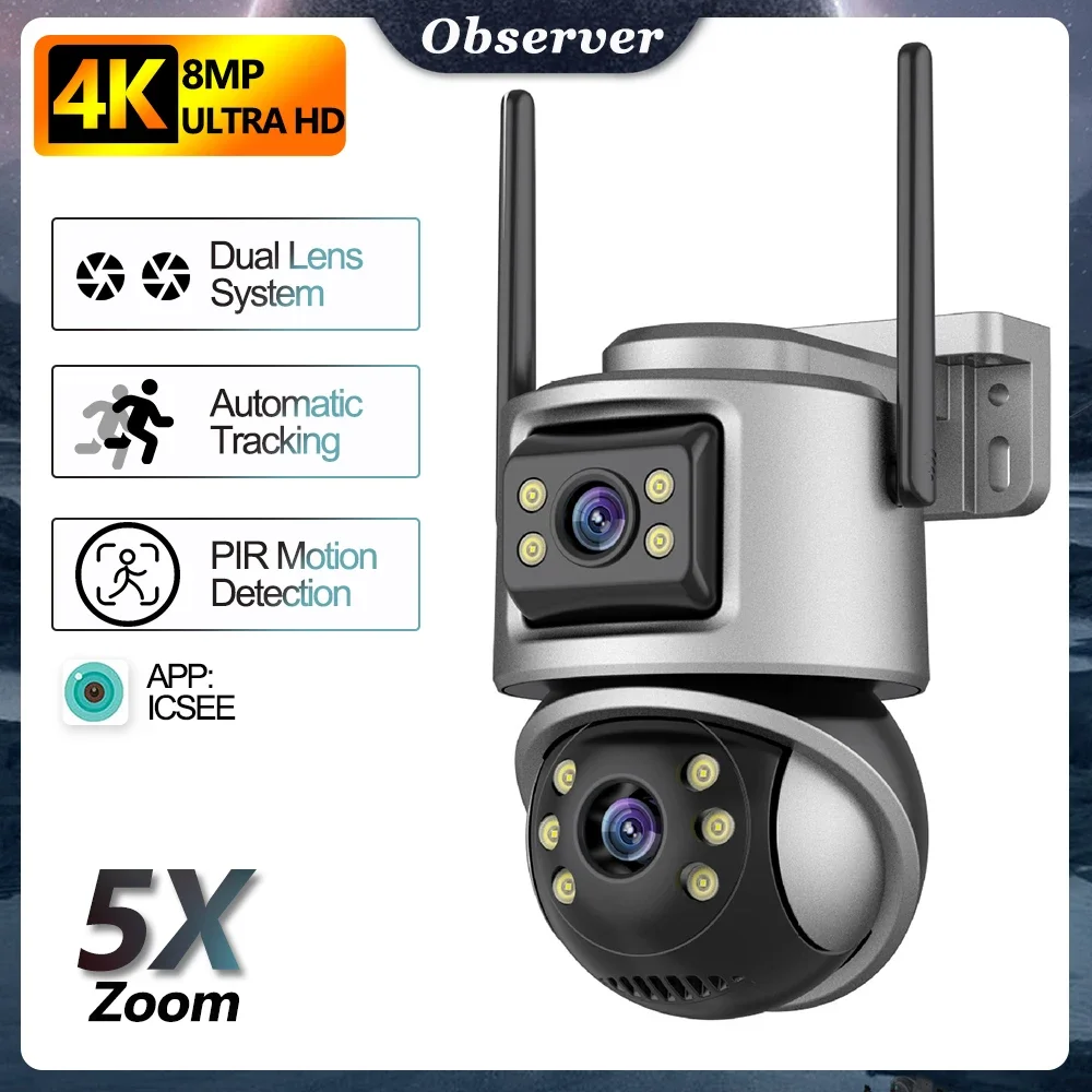 2025 새로운 4K 8MP HD Wifi IP 카메라 야외 듀얼 렌즈 듀얼 스크린 AI 자동 추적 PTZ 카메라 CCTV 오디오 비디오 감시 ICSEE