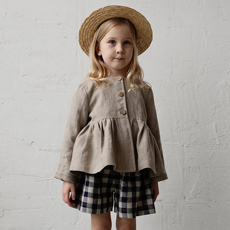 Autumn New Cotton And Linen Long-Sleeve Girls' Shirts Retro Ruffled Round Neck Casual Linen Children's Blouse Kids Tops TZ154