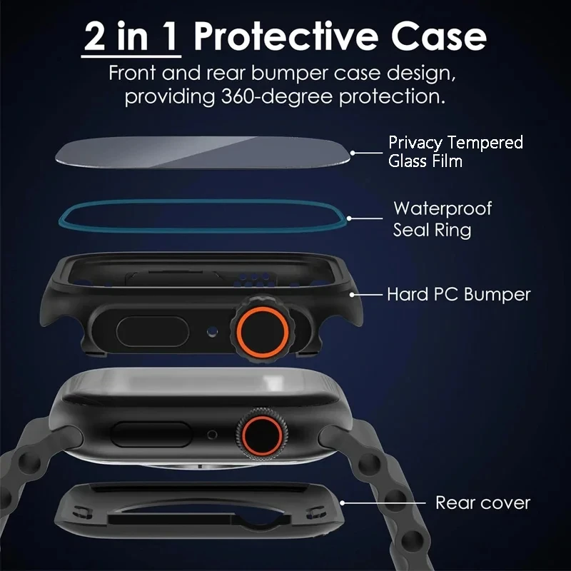 Tempered Glass Privacy Case for Apple Watch 40mm 41mm 44mm 45mm Waterproof Screen Cover Change to Ultra for iWatch 9 8 7 6 5 4SE