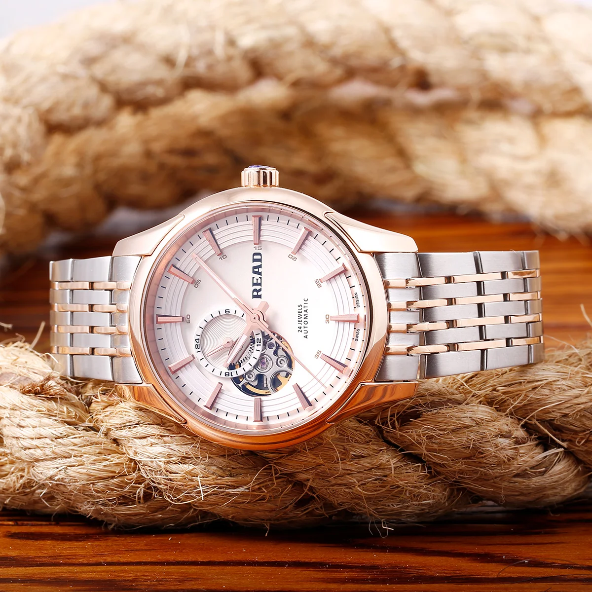 READ Men Automatic Mechanical Watch | Two‑Tone Steel Band | Partial Skeleton Dial | 24‑Hour Display | 50M Water Resistant Watch
