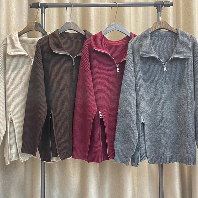 Half Zip Turtleneck Knit Sweater Women Long Sleeve Side Zipper Split Hem Loose Solid Warm Autumn Winter Pullover Jumper Top