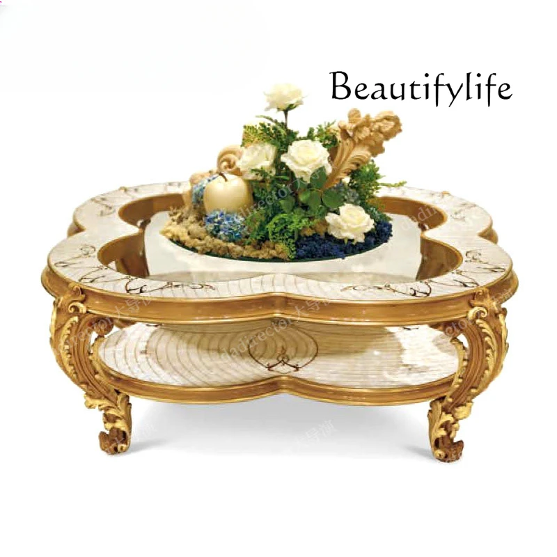 

European court solid wood carving flower coffee table living room French art shell parquet high-end furniture