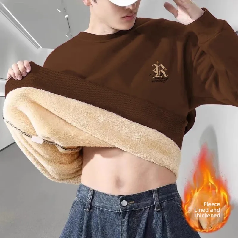 Autumn Winter Men's Loose Fit Lamb Fur Lined Hoodie Casual Thiened Long Sve Printed Sweatirt Warm Polyester Fabric