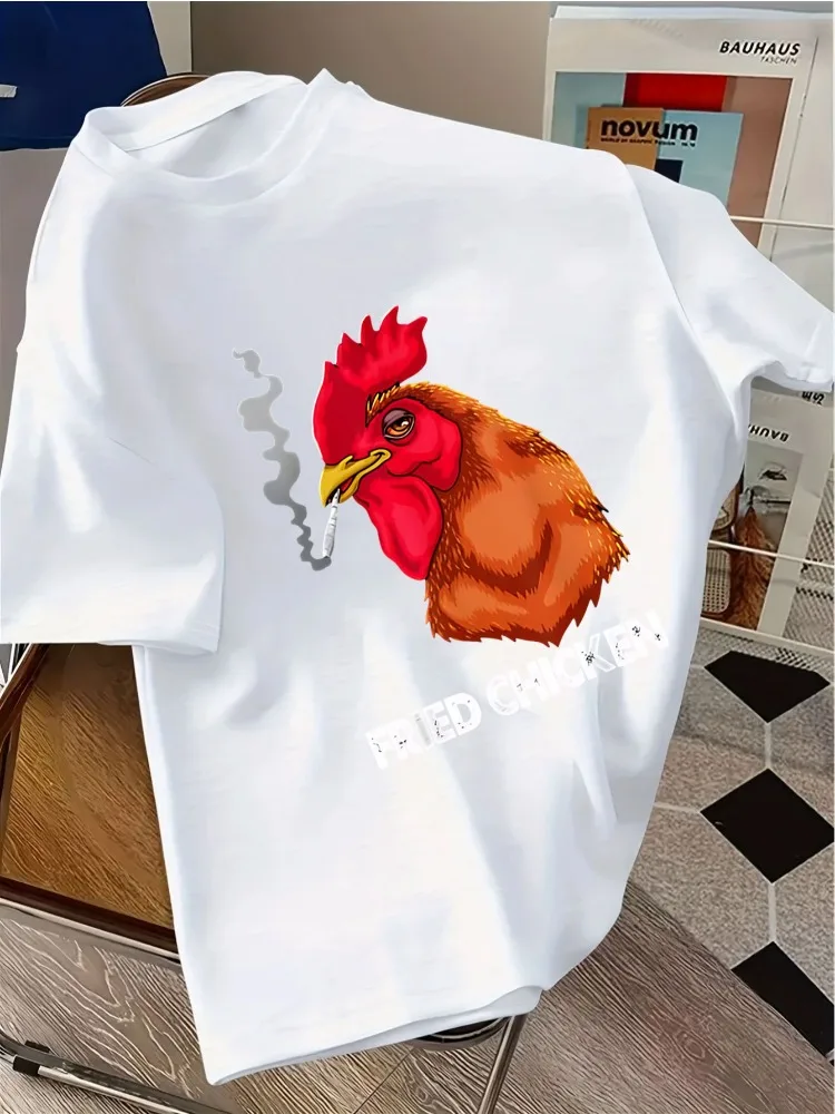 Men Soft Pink Cotton Crew Neck Tee Cool Smoking Rooster Fried Chicken Text Print Loose Short Sleeve Hip Hop Casual Street Shirts