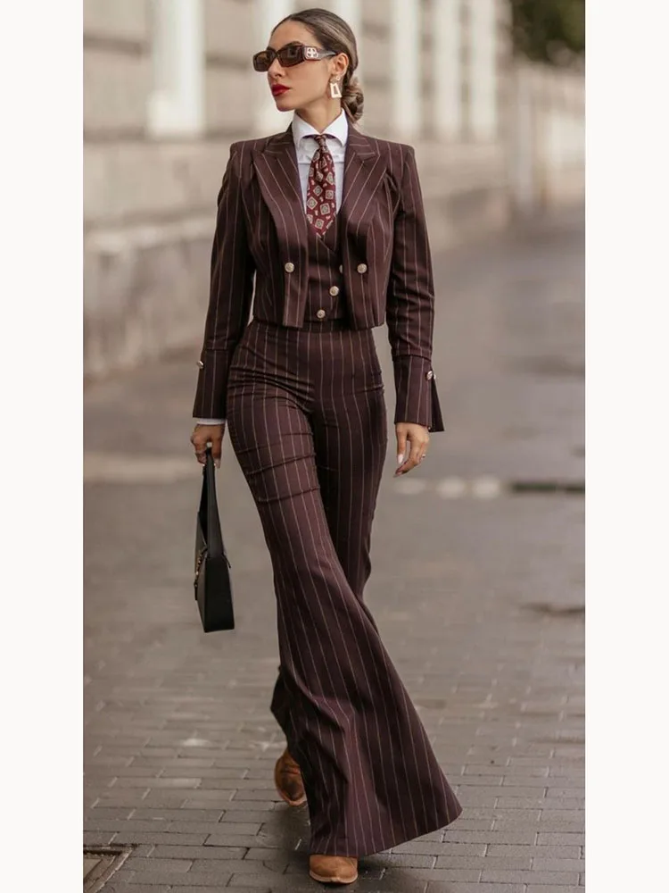 Brown Women's Suits Unisex Formal Striped Double-breasted Peak Lapel Three Pieces (Jacket+Pants+Vest) Modern Office Lady Set