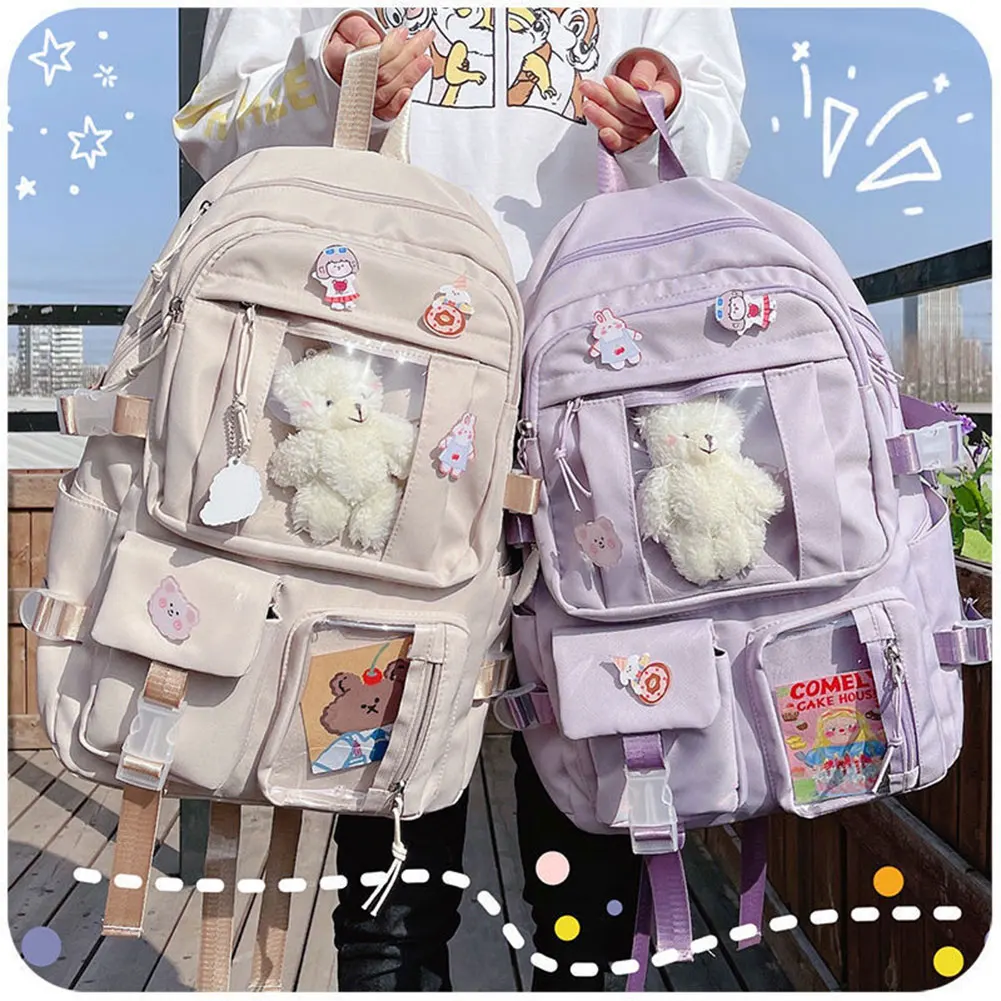 Cute Clear Window Student Backpack Large Capacity Solid Color Multi‑Pocket Casual School  Rucksack For Girl Back School Supplies