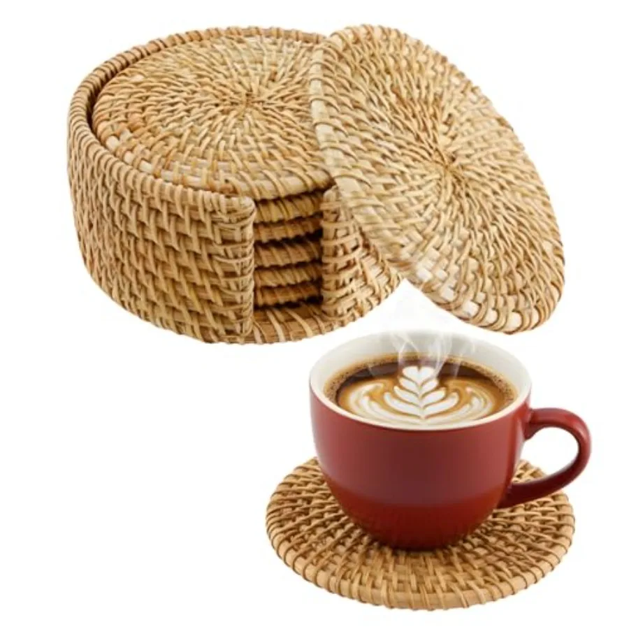 

Handwoven Rattan Coasters Set of 6 for Drinks, Boho Wood Cup Coasters with Holder for Tabletop Protection, Vintage Coaster for