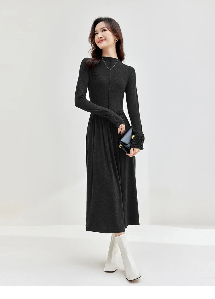 SENTUBILA Knitted Slim Womens Dresses 2024 Winter Black Half High Neck Shirring Sleeve A-line Elegant Midi Dress 144L58348