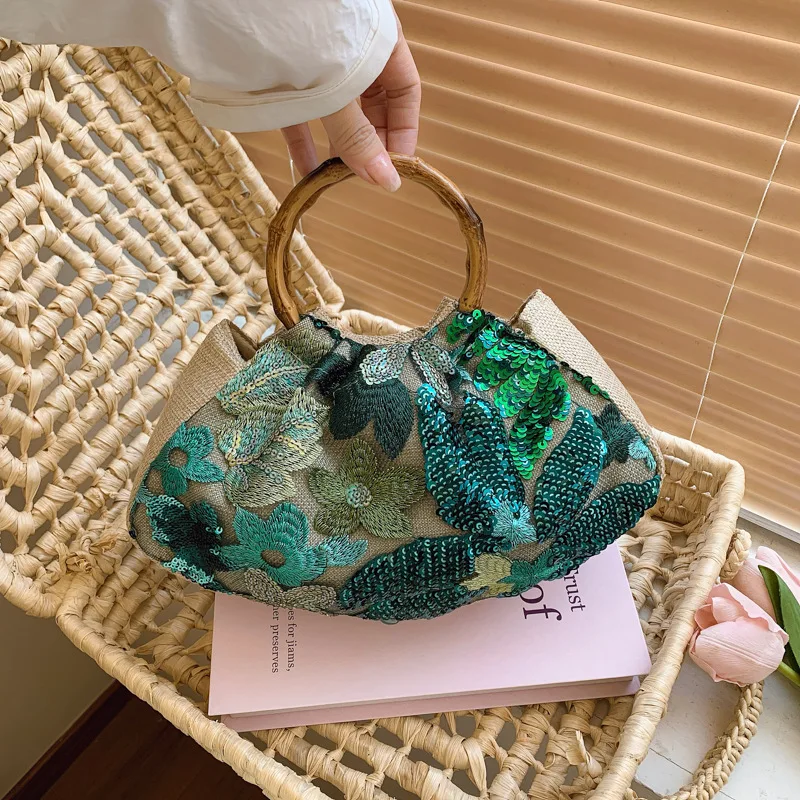 Trendy Sequin Embroidery Flower Small Clutches Retro Bamboo Circles Green Orange Handbag For Women Summer Beach Party Tote Bags