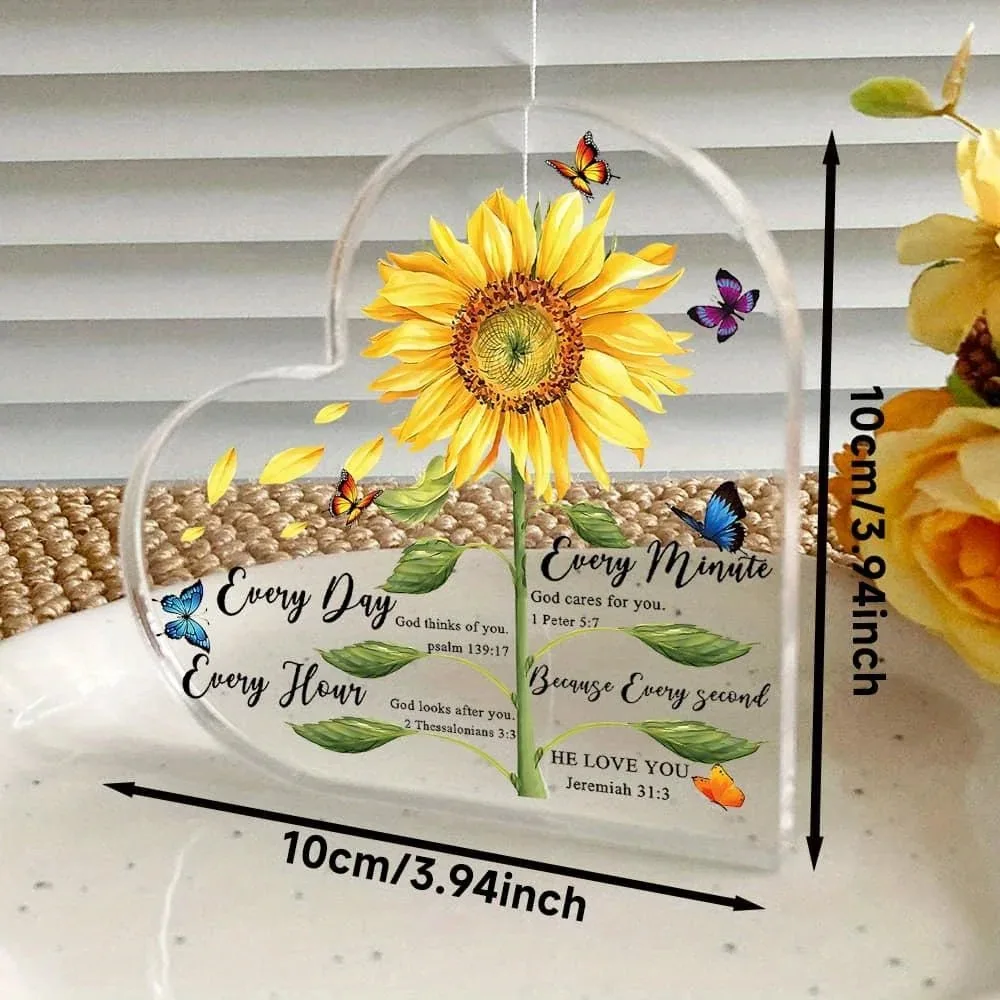 CIFBUY Acrylic Wall Decor Sunflower Scripture Statue, Boho Heart Desktop Ornament With Quotes For Home Office Decor
