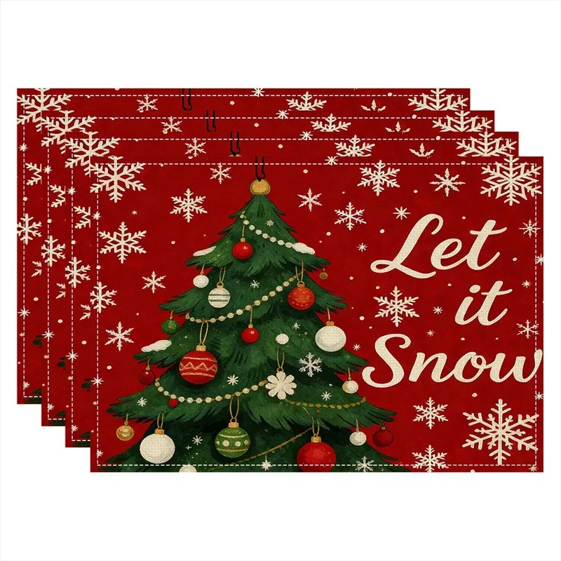 VIKAMA Linen Placemats Let It Snow Christmas Tree, Red Green White, Stain Resistant Easy to Clean, Dining Table Holiday