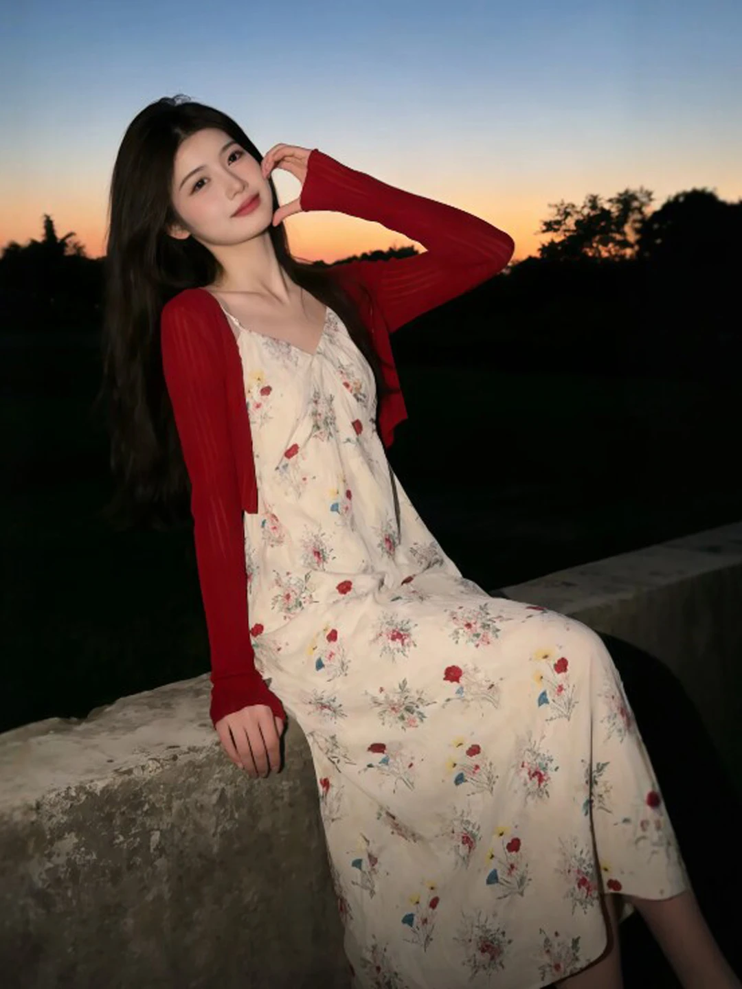 

Red Floral Print Open Cardigan Dr Two-Piece Set Vintage Sle Spring Collection Comfortable Fit V-Ne Long Sve Dr