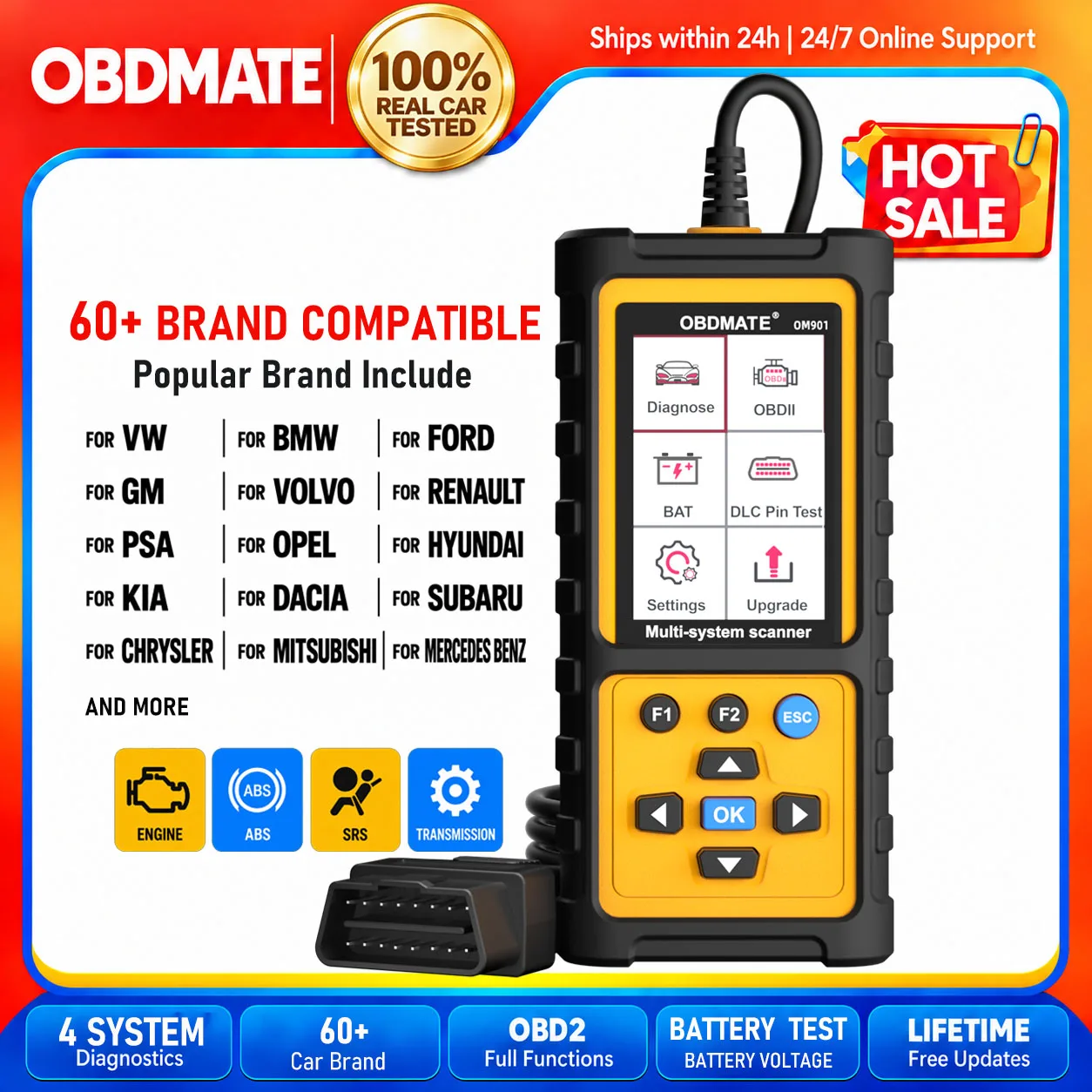 OBD2 Scanner Car Diagnostic Scanner ABS SRS Transmission System Scanner Check Engine Fault Code Reader Automotive Scan Tool