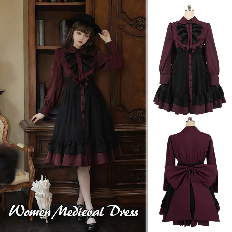 S-3XL Women Medieval Retro Lolita Dress Long Sleeves Steampunk Cosplay Ruffle Dress Renaissance Bow Buttons Wrinkle Sweet Dress