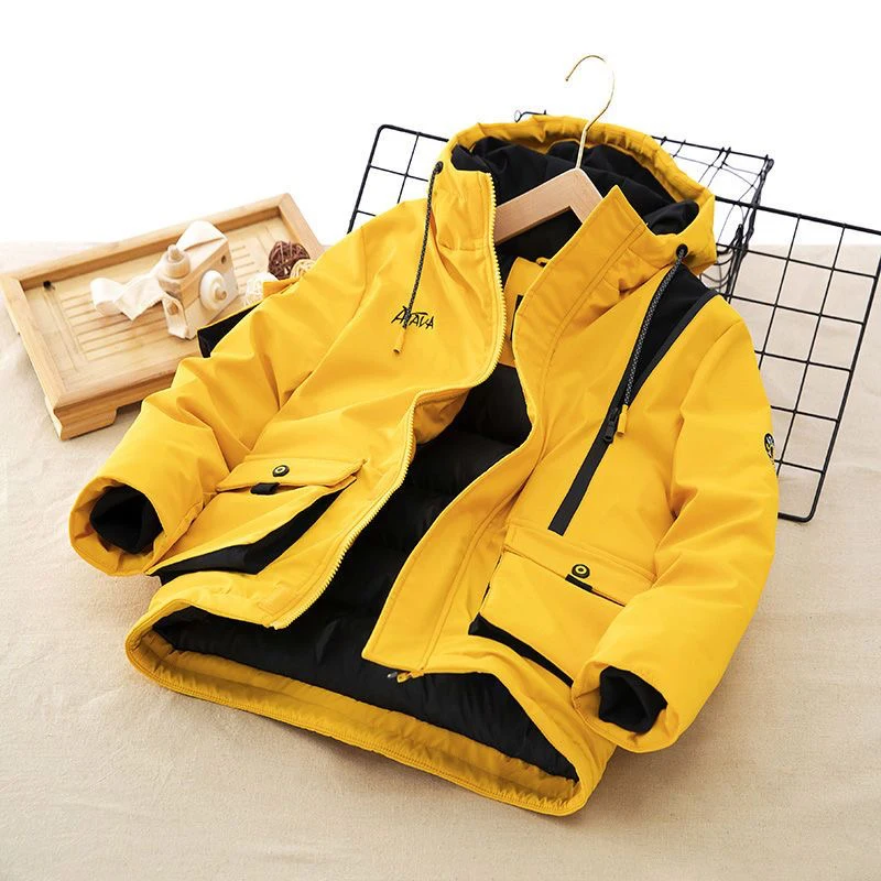 120-170cm New Boys Down Cotton Padded Jacket For Winter Outerwear Plaid Waterpoof Hooded Zipper Letter Coat Children'S Clothes