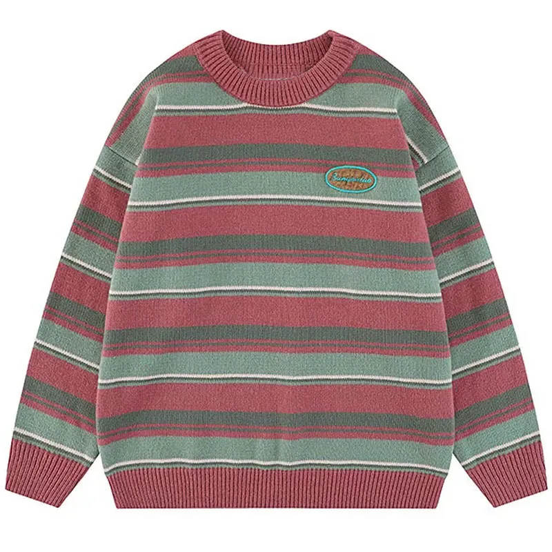 Japanese Patchwork Striped Sweater Men Knitwears 2023 New Winter Retro Vintage Harajuku Pullover Knit Embroidery Knitted Sweater