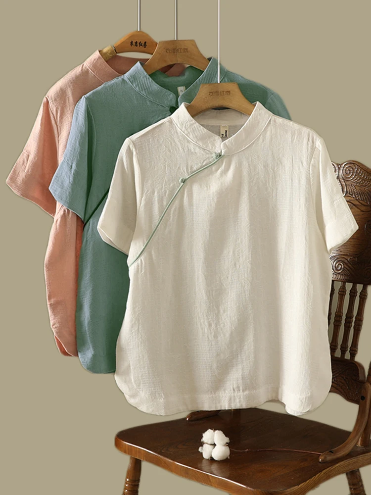 ゆったりとした綿麻または麻の女性用大きいサイズカジュアル襟サイドボタンデザイン無地サマートップ