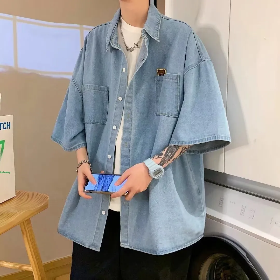 

Summer Thin Casual Loose Men's Denim ort Sve irt Five-Quarter Sve Trendy Outerwear Wear-Resistant Workwear